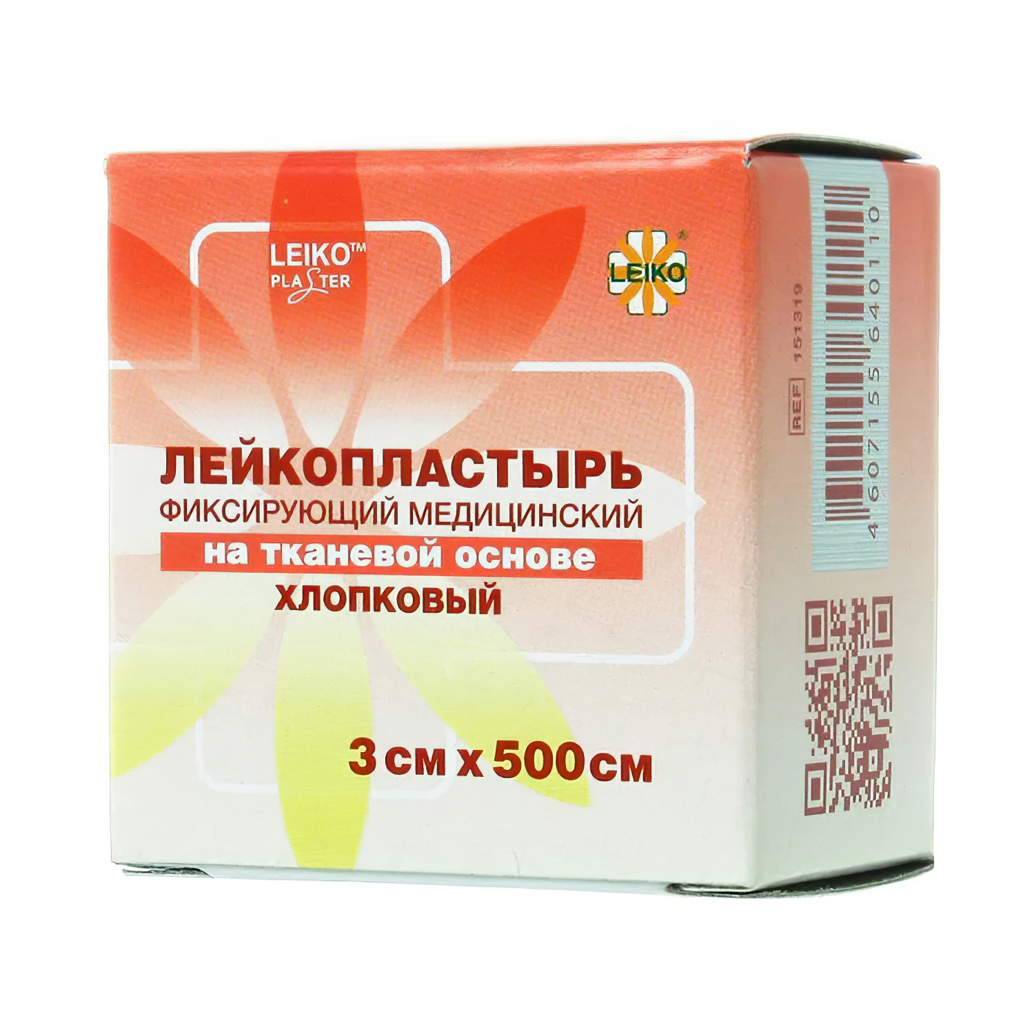 Лейкопластырь LEIKO 3*500см фиксирующий тканевый телесный (катушка в картонной коробке)